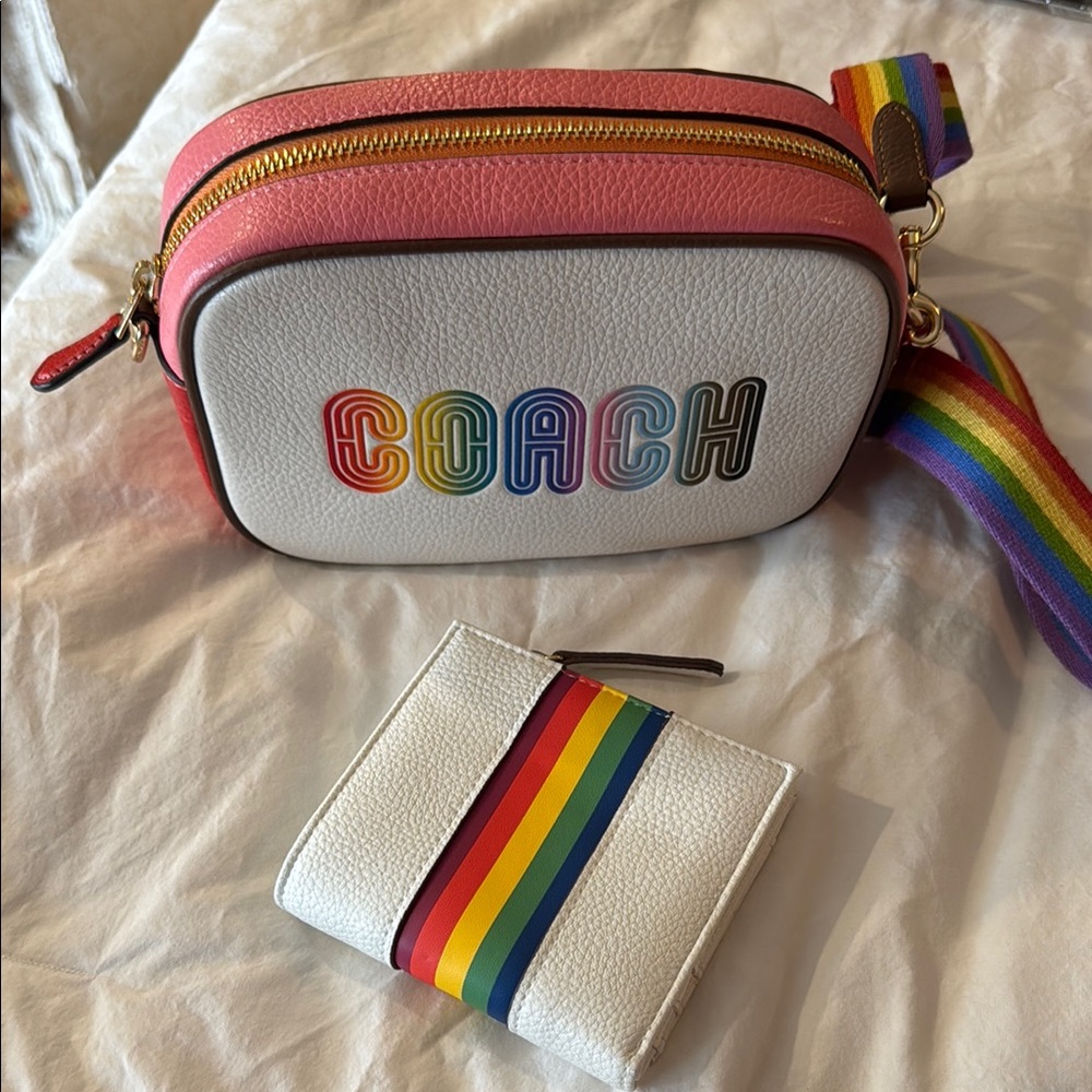Coach White and Pink Crossbody Bag with Rainbow Strap